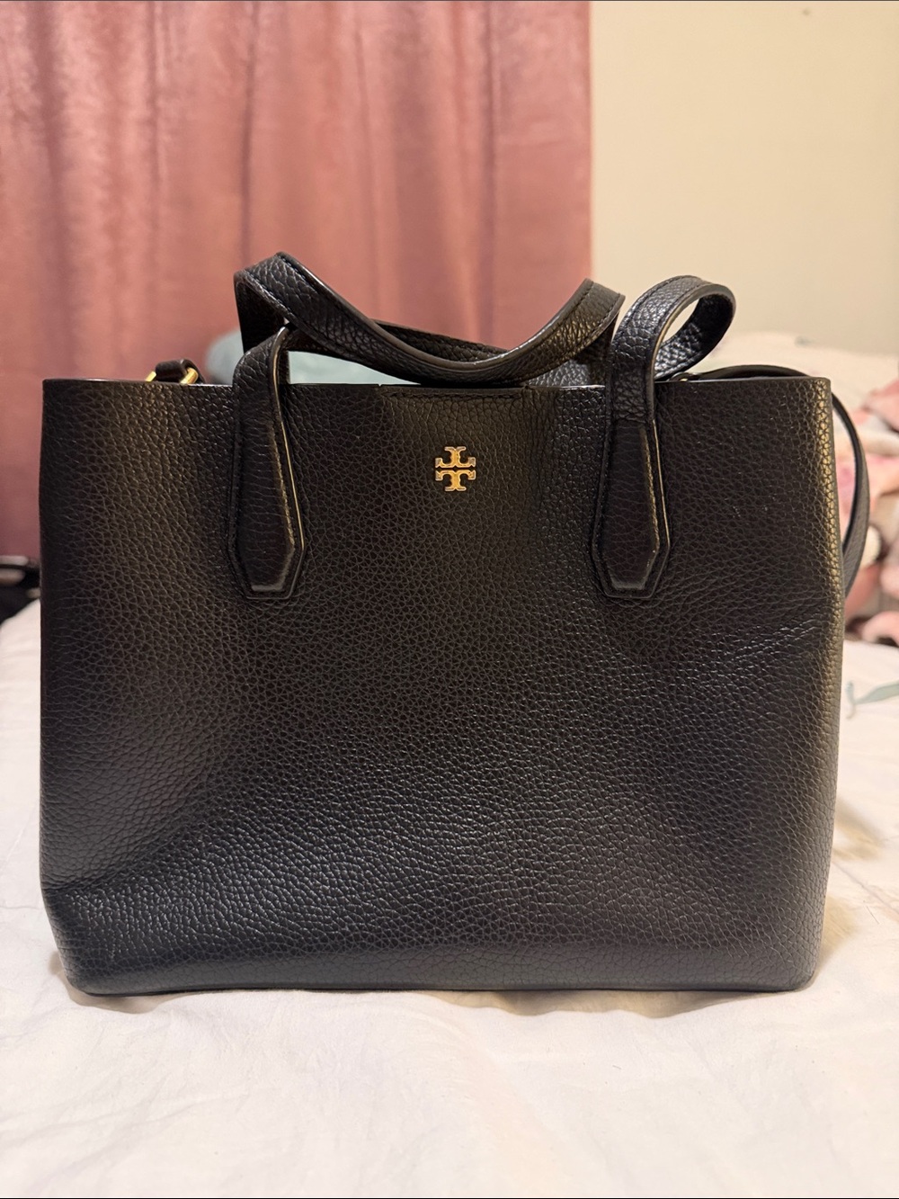 Tory Burch Black Pebbled Leather Tote with Gold Logo